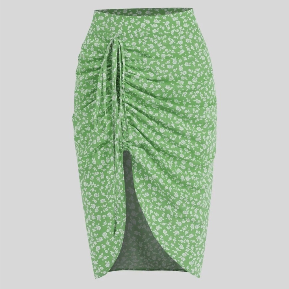 Cider Green & White Floral Midi Skirt Ruched Side - S